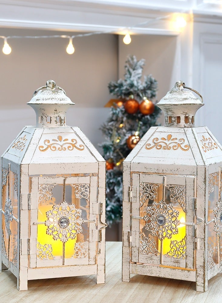 Nonebranded Set of 2 Decorative Candle Lantern 9.5" High Metal Candle Lantern Vintage Style Hanging Lantern for Wedding Parties Indoor Outdoor(White with Gold Brush) - Image 1
